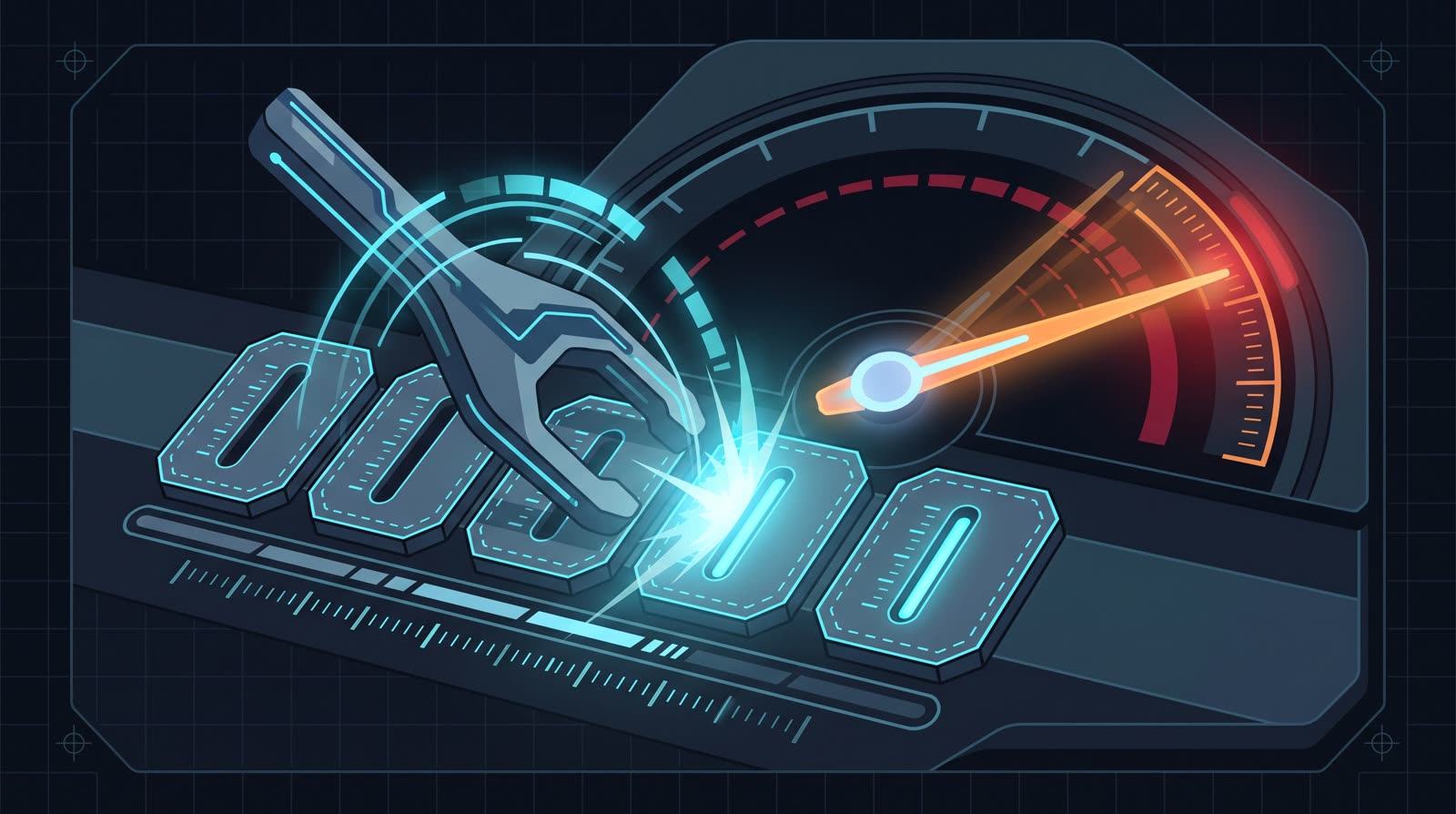 Illustration of a sequential gearshift fork snapping rapidly across gear gates as a rev-counter needle sweeps past redline