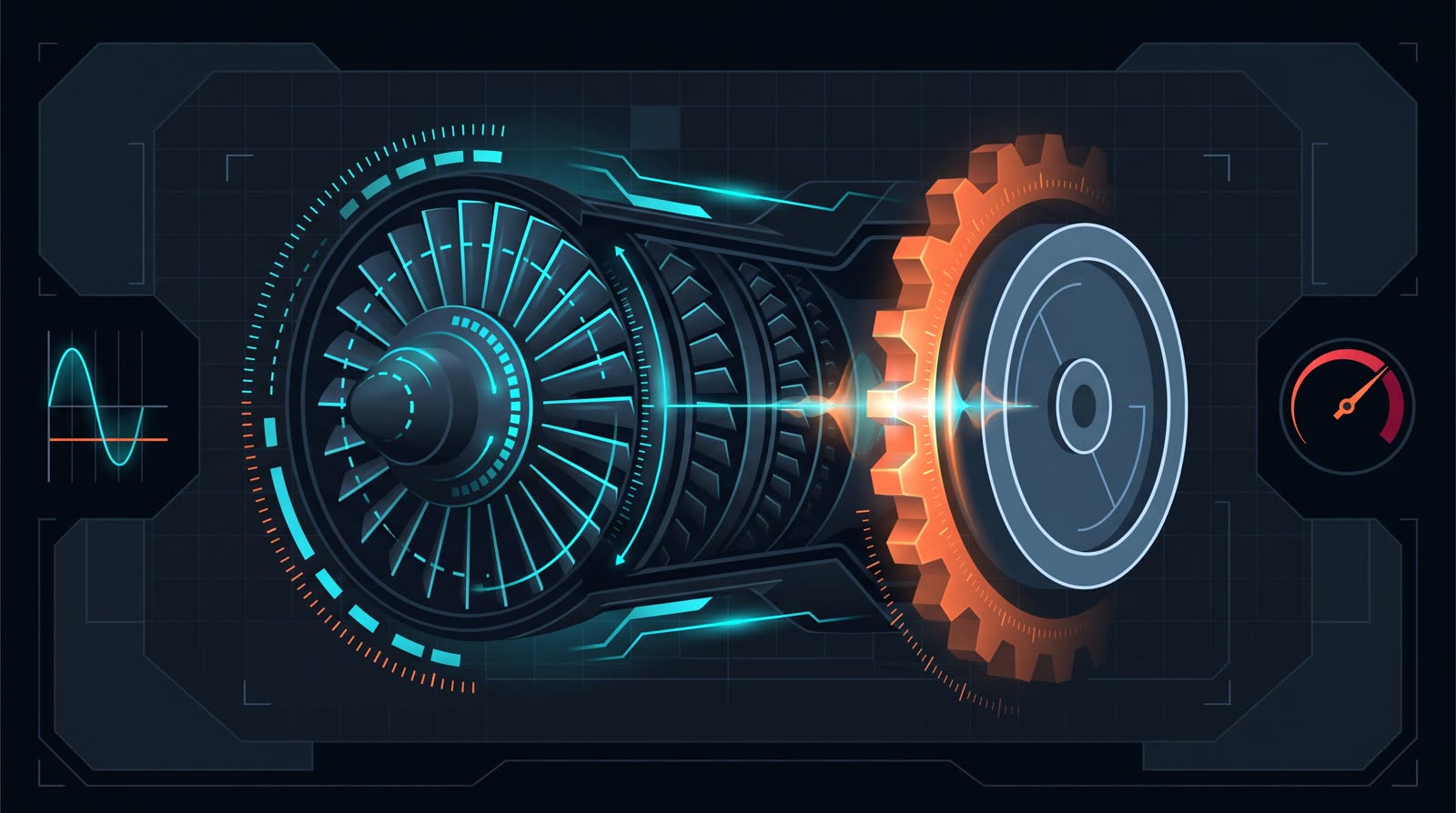Illustration of a jet turbine compressor spool connected by a single gear tooth, representing an engine with only one drive ratio