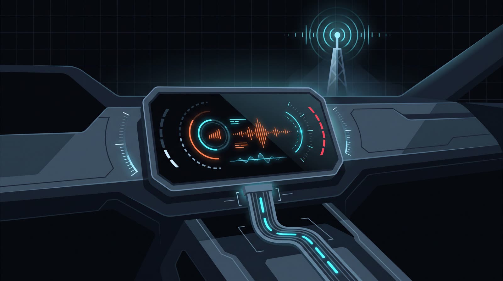 Illustration of a car dashboard touchscreen with a cable running into the console and a cellular antenna mast in the background.