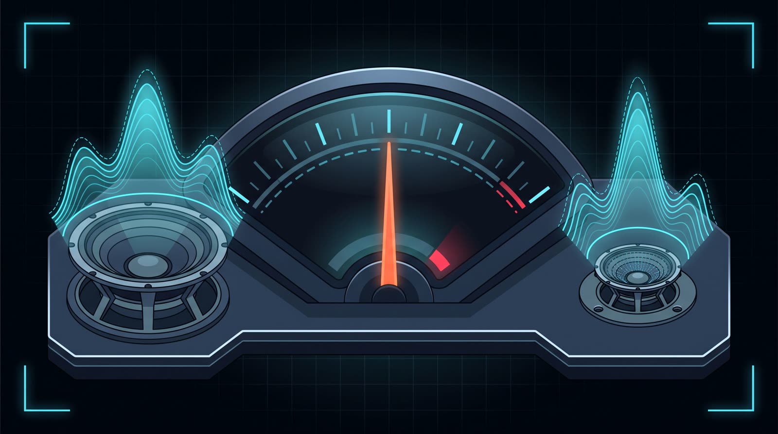 Illustration of a VU meter needle centred on its scale, flanked by a large bass speaker cone and a small tweeter cone emitting matching sound waves