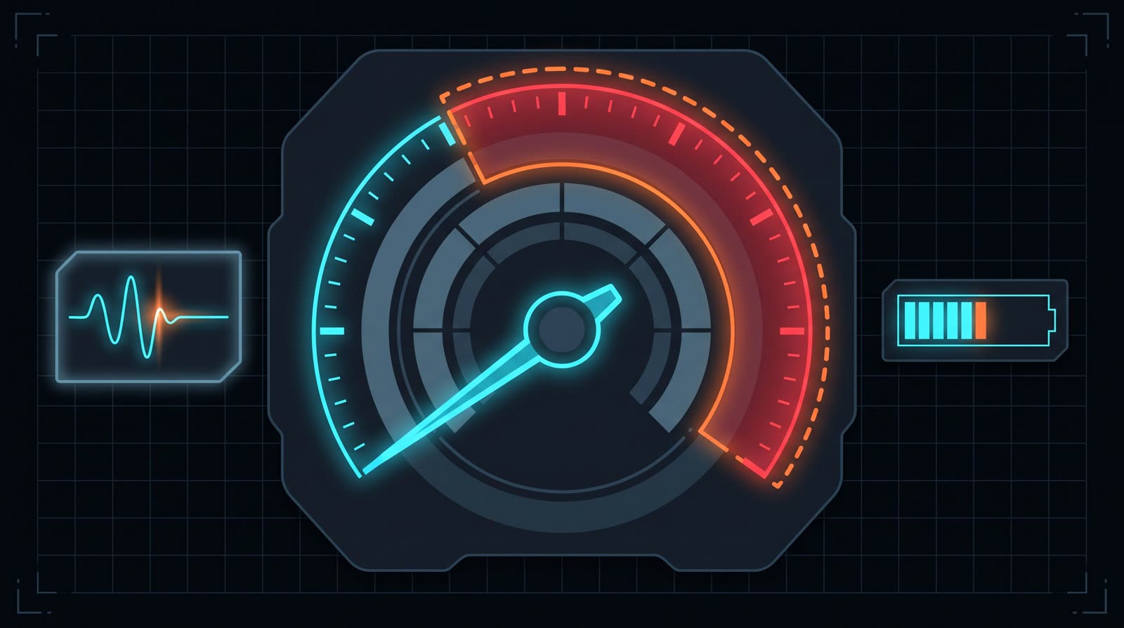 Illustration of a rev counter needle sitting outside a shaded arc on the dial face