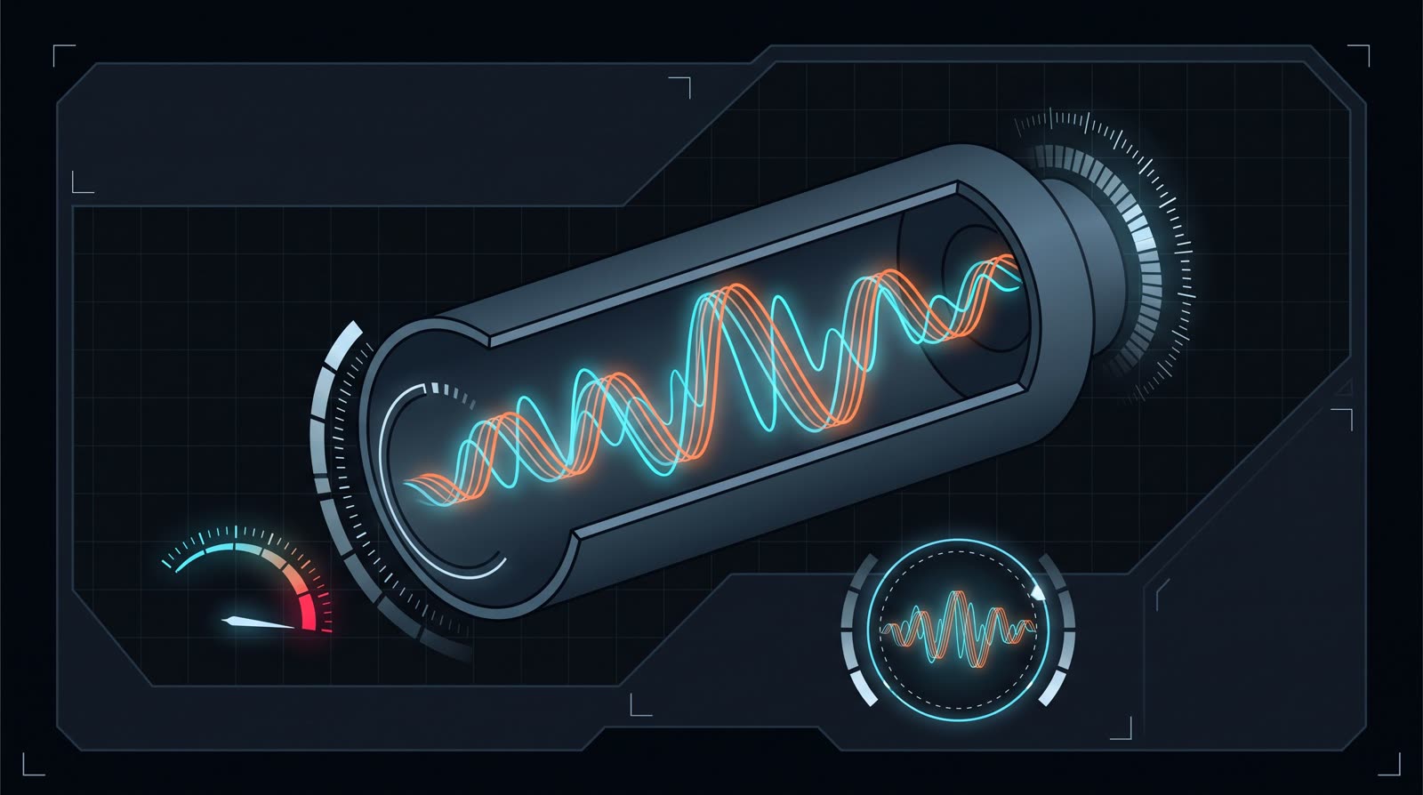 Illustration of an exhaust pipe with sound waves echoing back and forth along its length, depicting a feedback comb filter.