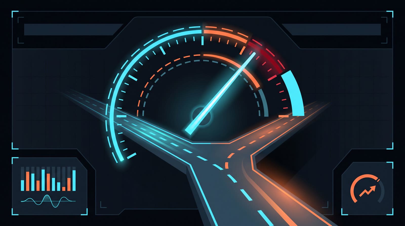 A speedometer needle above a road forking into a flat straight and a downhill slope.
