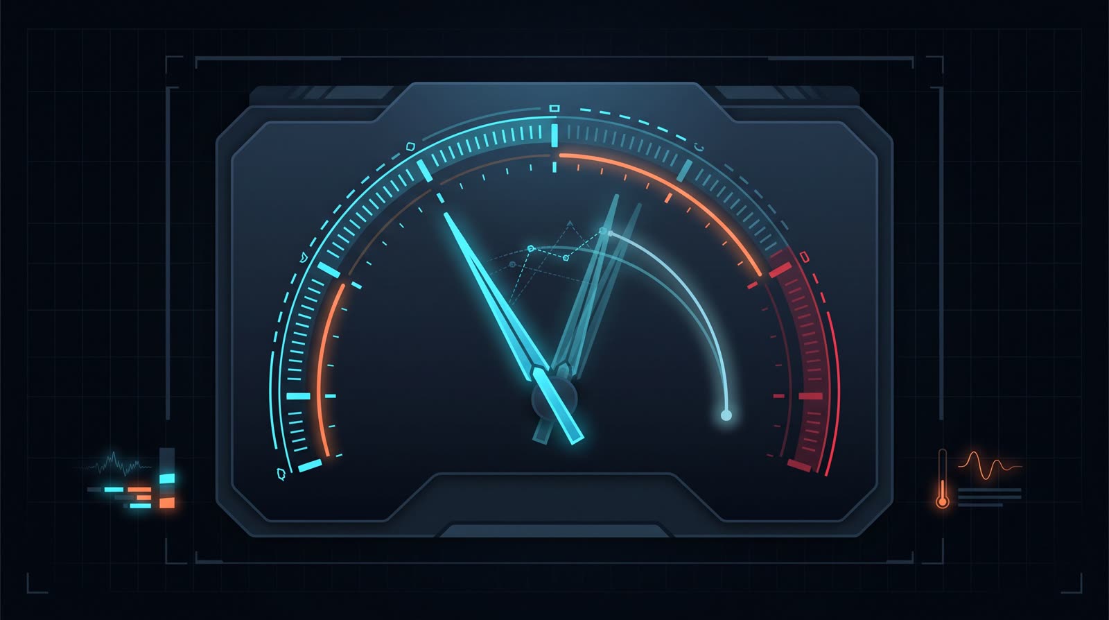 A rev counter needle mid-stutter between two positions, with a faint arc showing where it settles.
