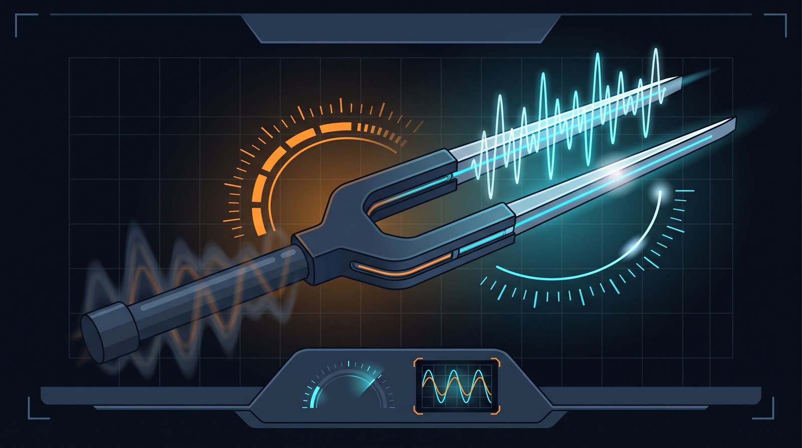 A tuning fork with one thick, blurred low arm and one thin, sharply ringing high arm.