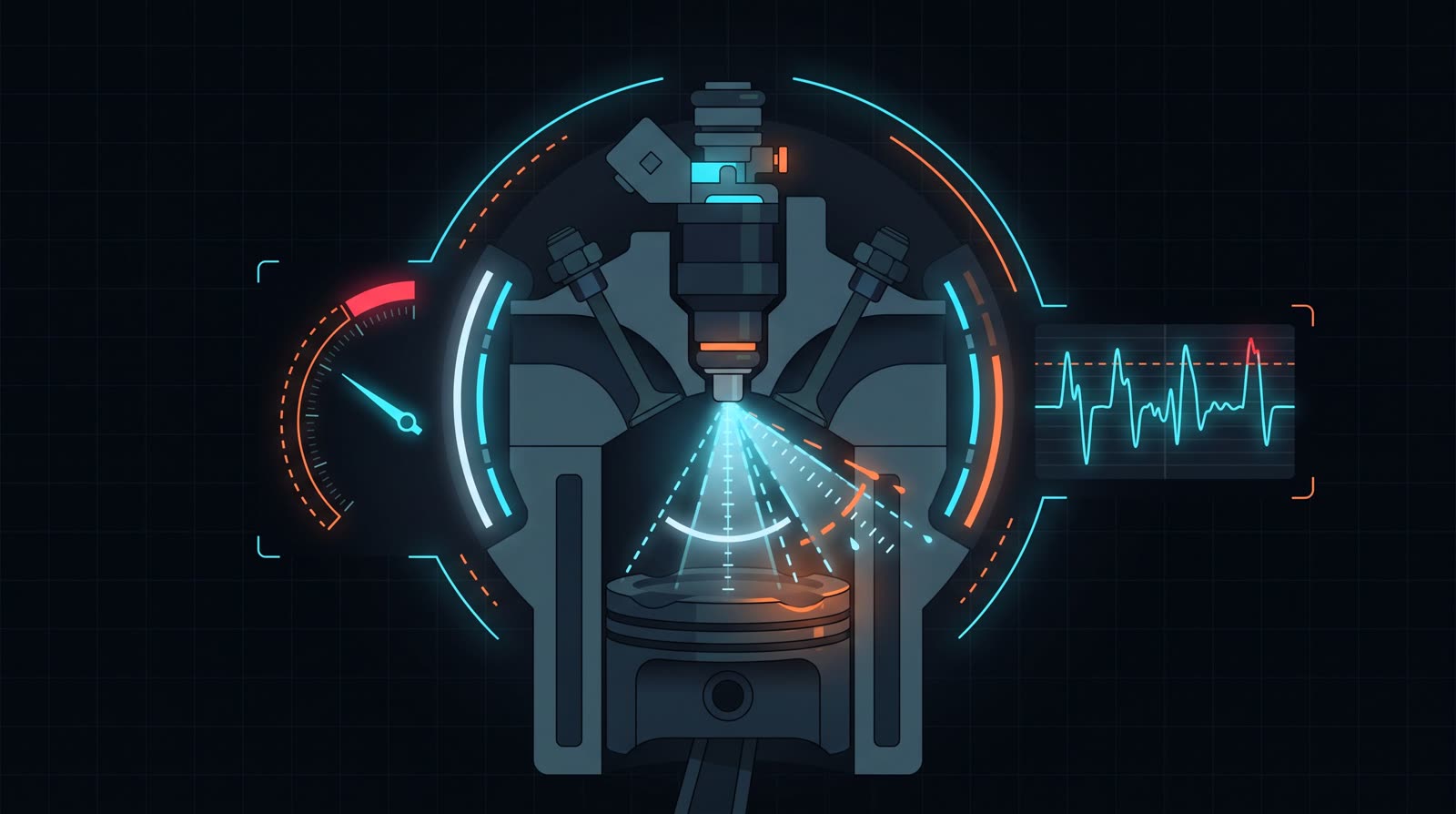 Illustration of a diesel fuel injector spraying into a cylinder, showing the irregular spray timing behind diesel clatter