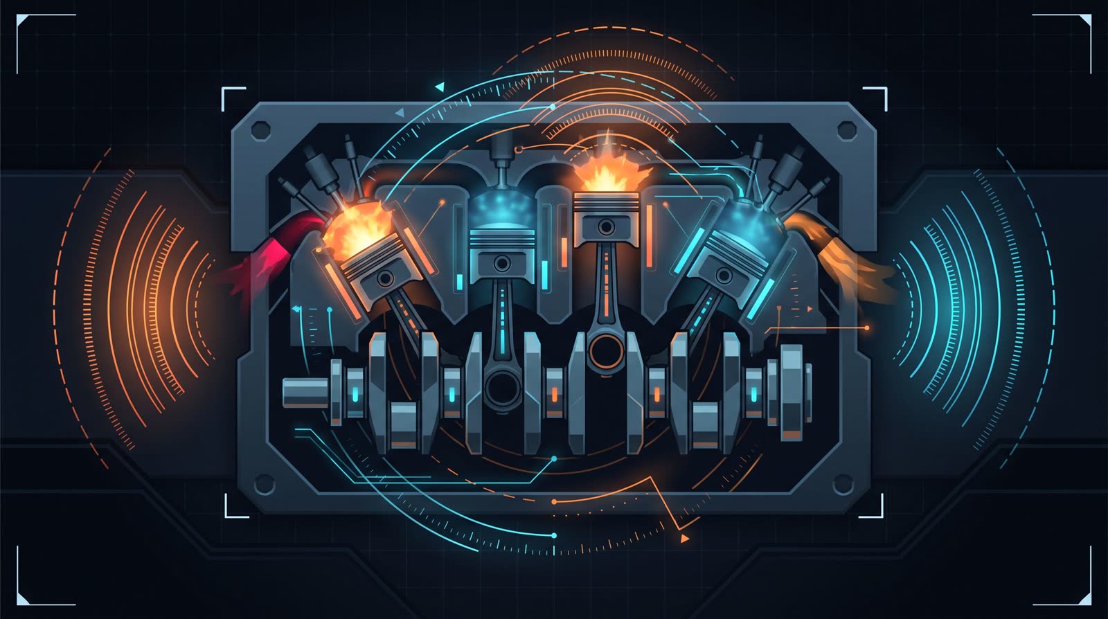 Illustration of a crankshaft with pistons firing in sequence, radiating sound-wave rings outward