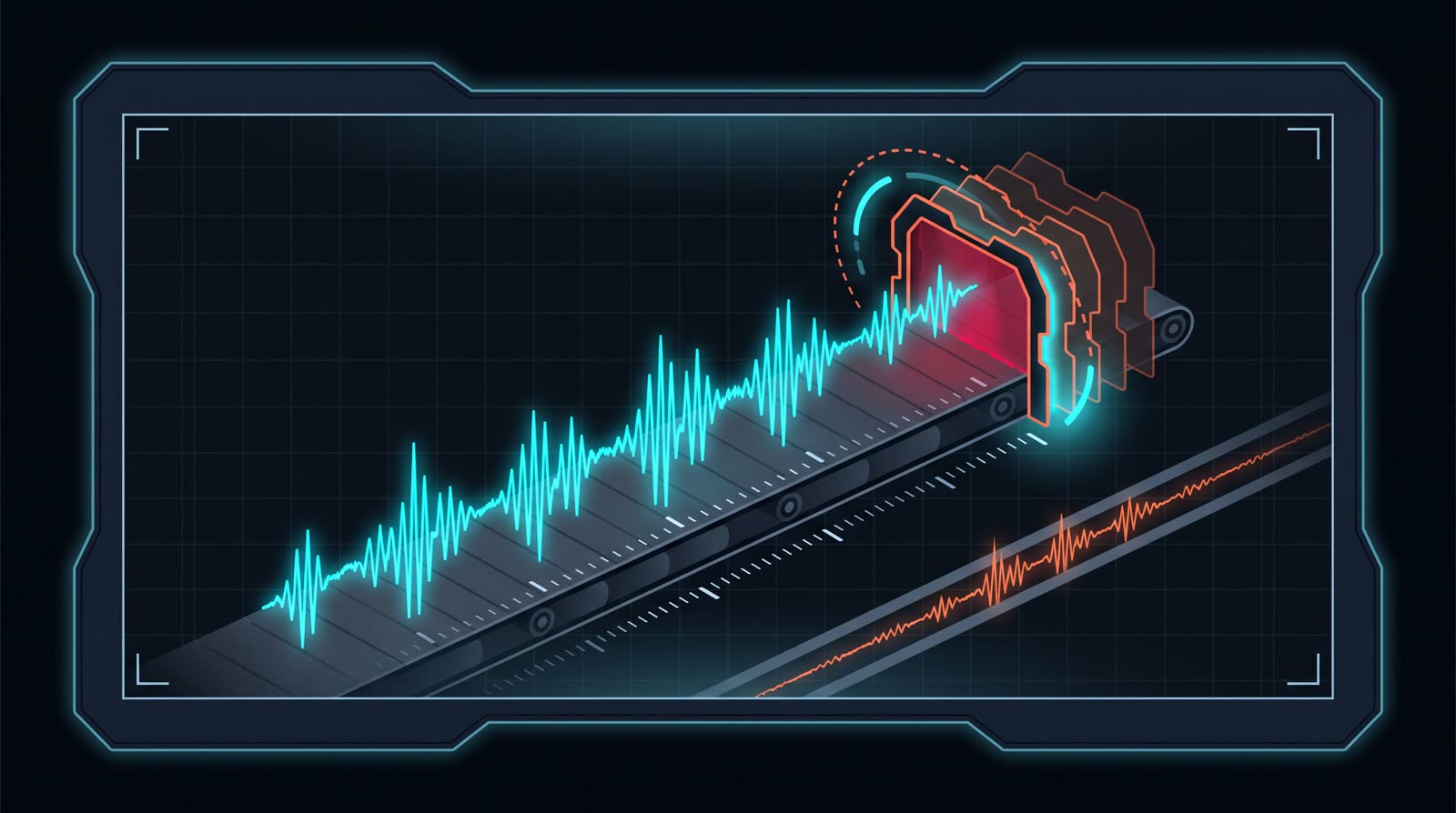 A sound wave racing along a conveyor toward a rhythmically closing gate, with a thinner wave lagging on a second track behind it.